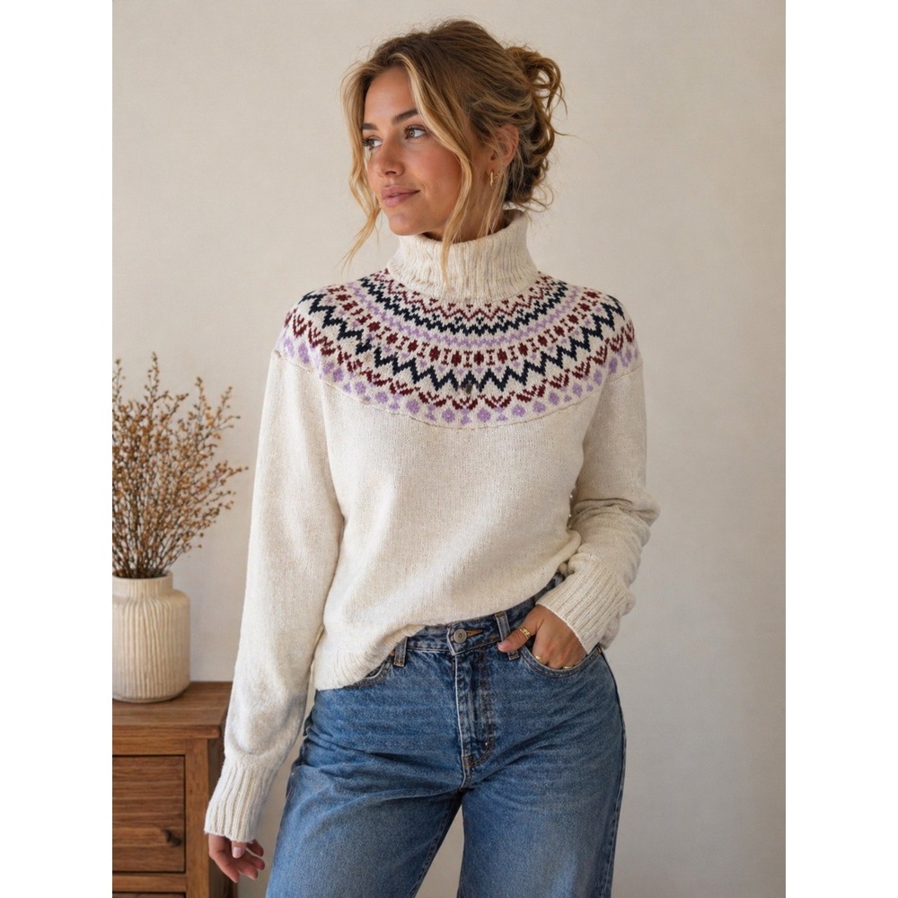 LL Bean Fair Isle Turtleneck Sweater Large‎ Nordic Winter Cozy Cream Pullover